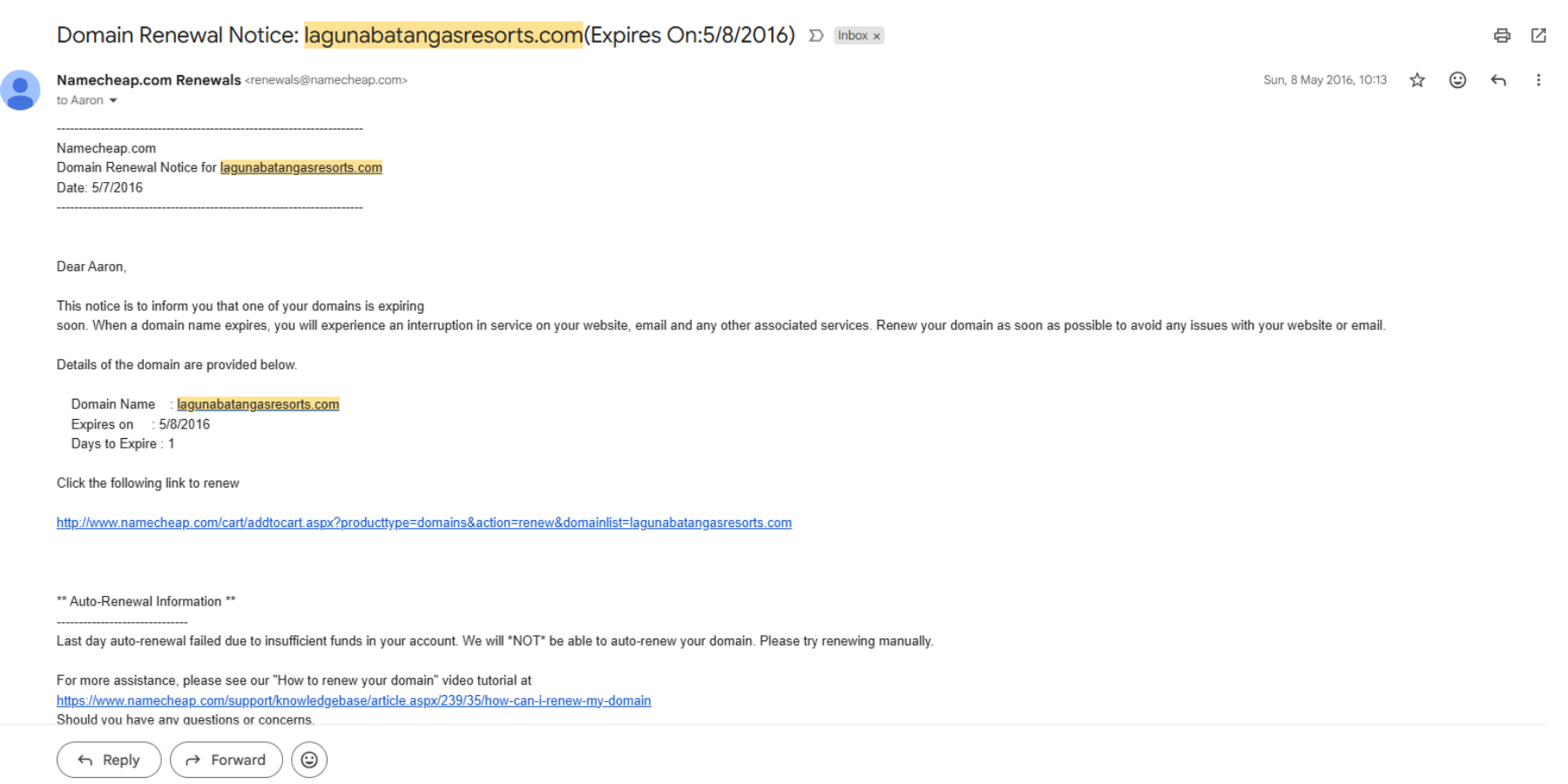 Namecheap domain renewal notice for lagunabatangasresorts.com, May 8, 2016. Auto-renewal failed due to insufficient funds.
